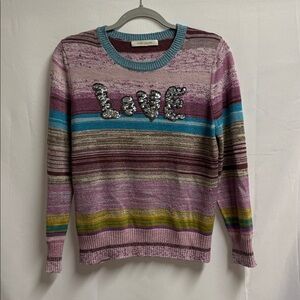 Marc Jacobs LOVE Sequin Metallic Stripe Crew Sweater Purple Multi Size Medium